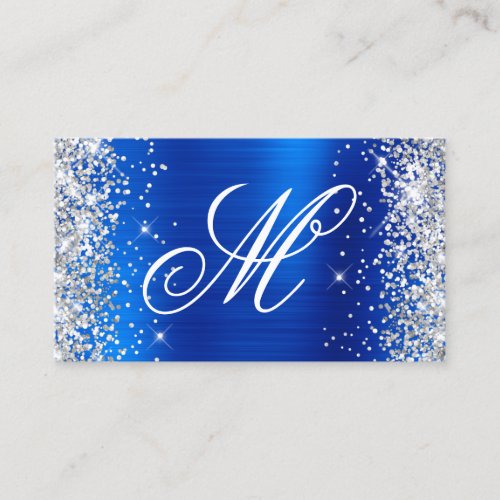 Silver Glitter Royal Blue Foil Fancy Monogrammed Business Card