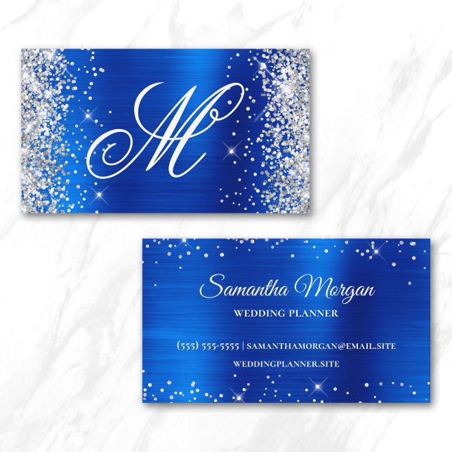 Silver Glitter Royal Blue Foil Fancy Monogrammed Business Card (Silver Glitter Royal Blue Foil Fancy Monogrammed Business Card)