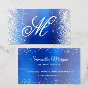 Silver Glitter Royal Blue Foil Fancy Monogrammed Business Cards