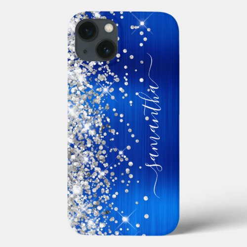 Silver Glitter Royal Blue Foil Girly Signature iPhone 13 Case