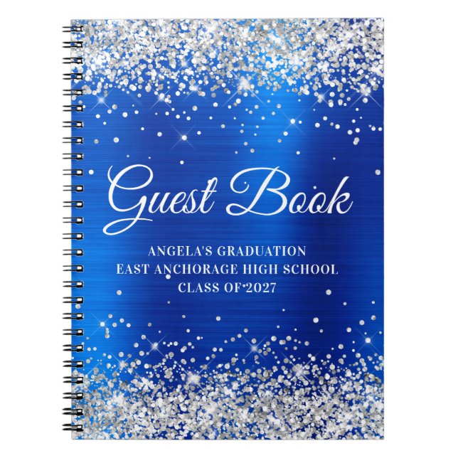 Silver Glitter Royal Blue Foil Graduation Guest Notebook (Front)