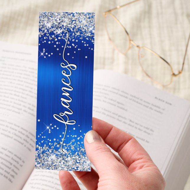 Silver Glitter Royal Blue Foil Handwritten Name Bookmarks (Hand)