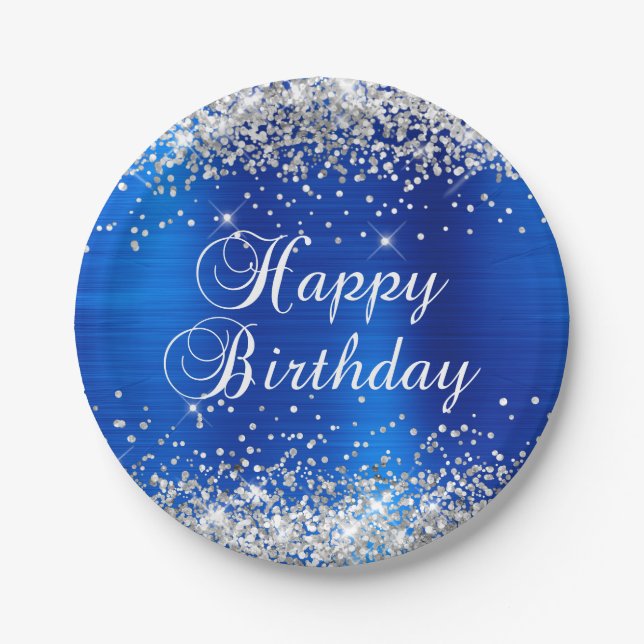 Silver Glitter Royal Blue Foil Happy Birthday Paper Plates (Front)