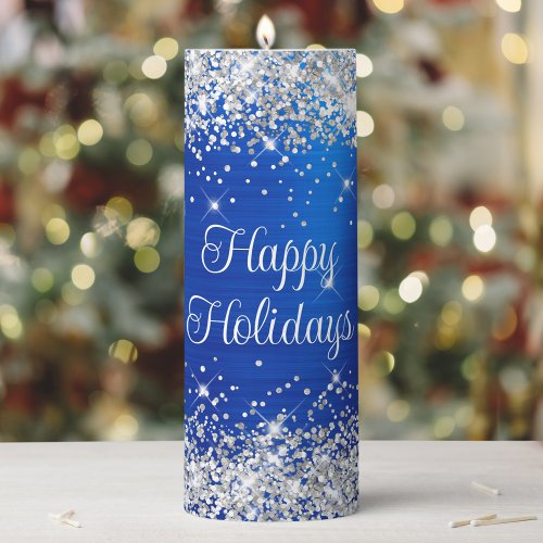 Silver Glitter Royal Blue Foil Happy Holidays Pillar Candle