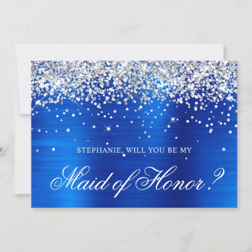Silver Glitter Royal Blue Foil Maid of Honor Invitation