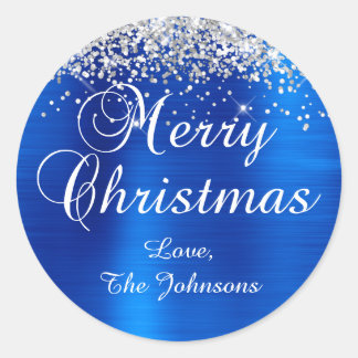 Silver Glitter Royal Blue Foil Merry Christmas Classic Round Sticker