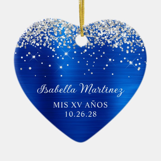 Silver Glitter Royal Blue Foil Mis XV Anos Photo Ceramic Ornament (Front)
