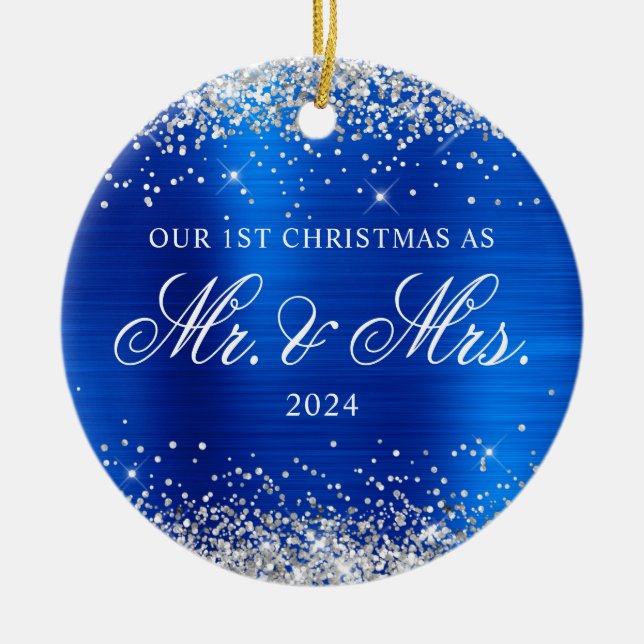 Silver Glitter Royal Blue Foil Our 1st Christmas Ceramic Ornament (Front)
