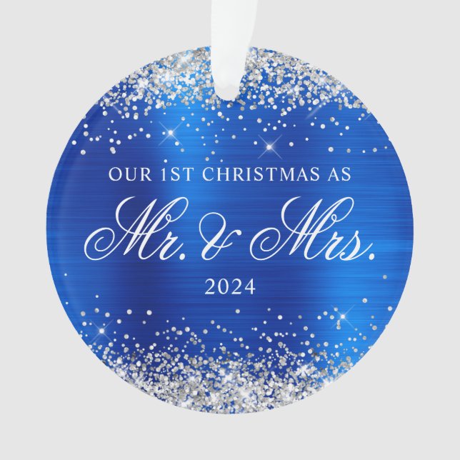 Silver Glitter Royal Blue Foil Our 1st Christmas Ornament (Front)