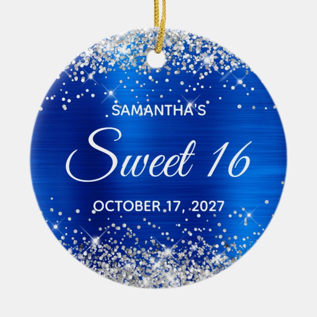 Silver Glitter Royal Blue Foil Sweet 16 Birthday Ceramic Ornament (Front)