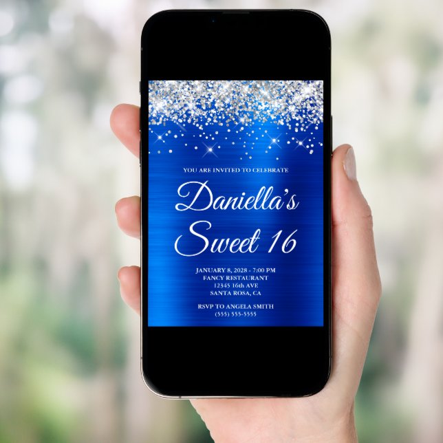 Silver Glitter Royal Blue Foil Sweet 16 Invitation (Front Digital)