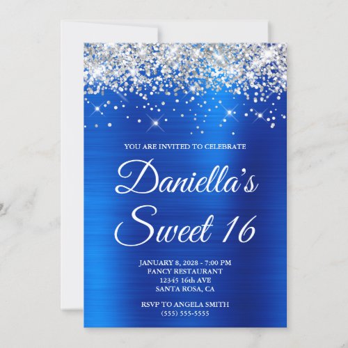 Silver Glitter Royal Blue Foil Sweet 16 Invitation