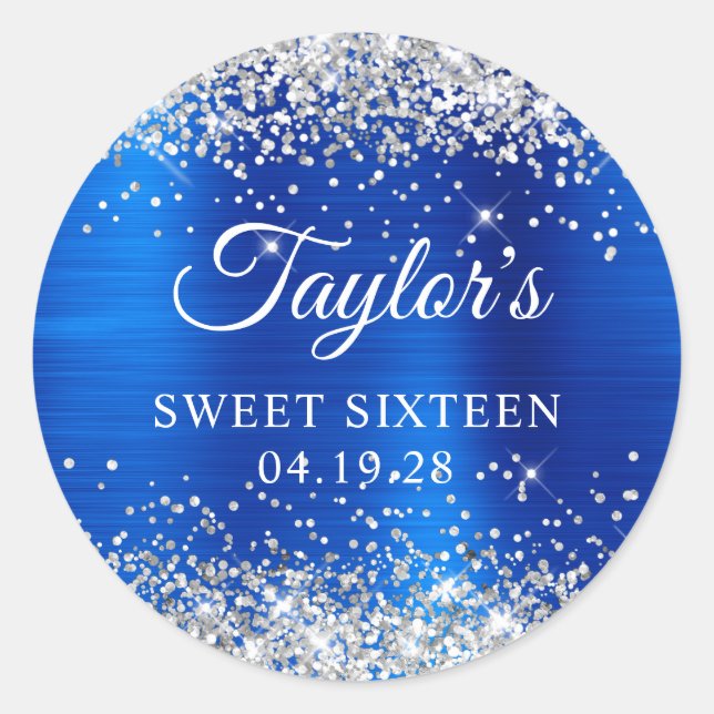 Silver Glitter Royal Blue Foil Sweet Sixteen Classic Round Sticker (Front)
