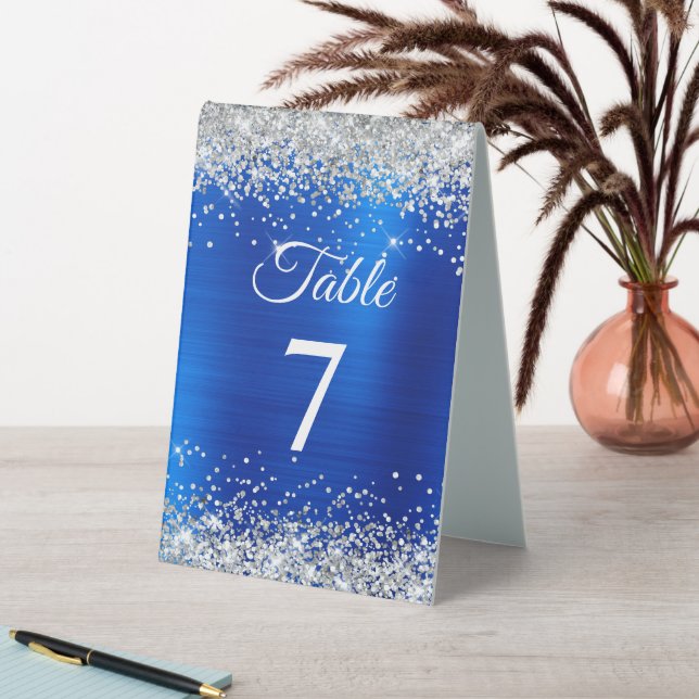 Silver Glitter Royal Blue Foil Table Number Tent (In SItu (Table))