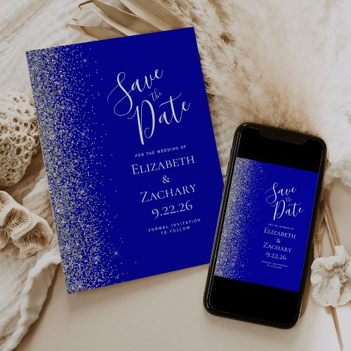 Silver Glitter Royal Blue Save the Date Announcement
