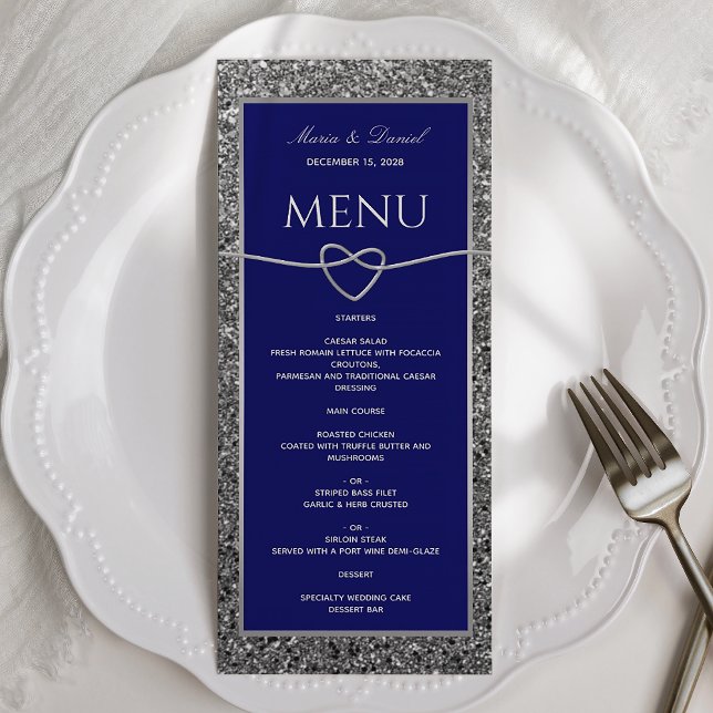 Silver Glitter Royal Blue Wedding Menu (Creator Uploaded)