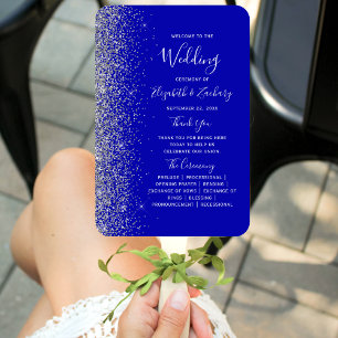 Silver Glitter Royal Blue Wedding Program Hand Fan
