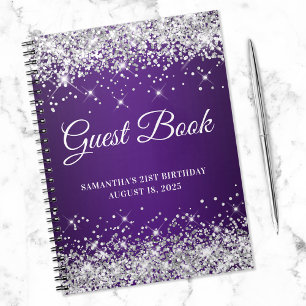 Silver Glitter Royal Purple 21st Bday Guestbook Notebook
