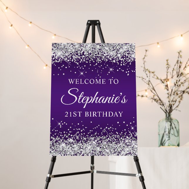 Silver Glitter Royal Purple 21st Birthday Welcome Foam Board (In Situ (Stand))