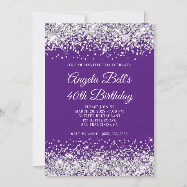 Silver Glitter Royal Purple 40th Birthday Invitation (Front)