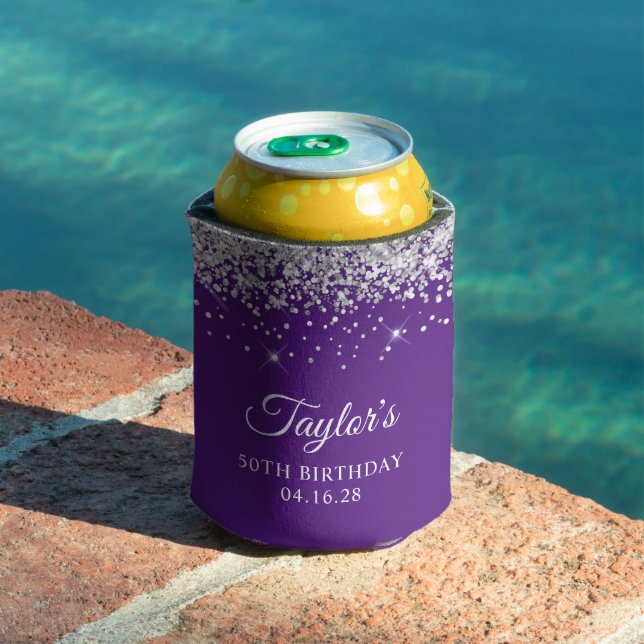Silver Glitter Royal Purple 50th Birthday Can Cooler (In Situ Pool)