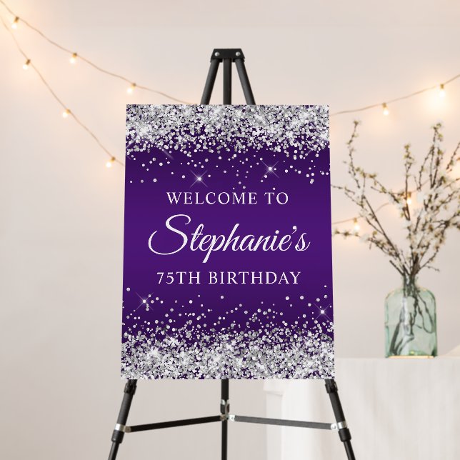 Silver Glitter Royal Purple 75th Birthday Welcome Foam Board (In Situ (Stand))