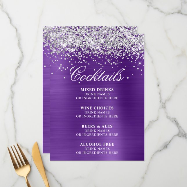 Silver Glitter Royal Purple Foil Cocktails Bar Menu (Front/Back In Situ)