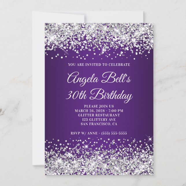 Silver Glitter Royal Purple Gradient 30th Birthday Invitation (Front)