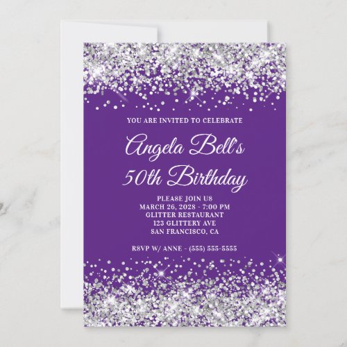Silver Glitter Royal Purple Monogram 50th Birthday Invitation