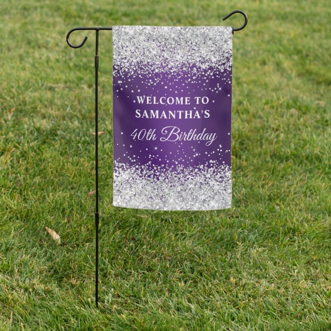 Silver Glitter Royal Purple Ombre 40th Birthday Garden Flag (In SItu)