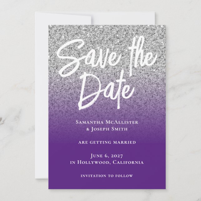 Silver Glitter Royal Purple Ombre Save The Date (Front)