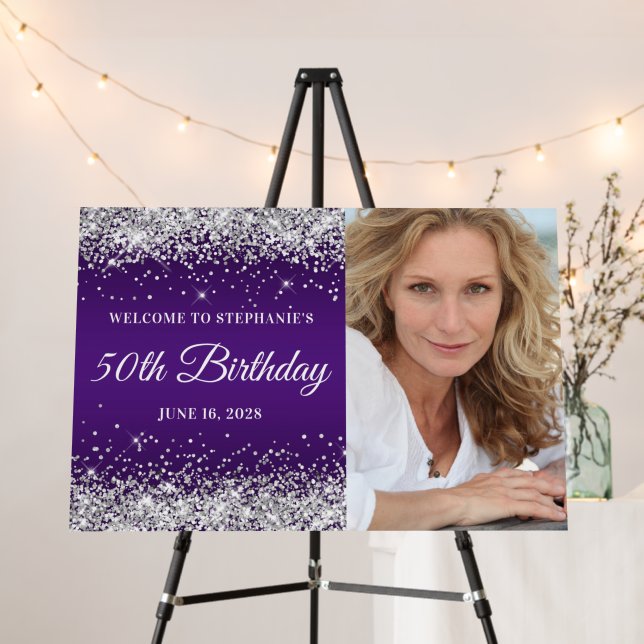 Silver Glitter Royal Purple Photo 50th Birthday Foam Board (In Situ (Stand))