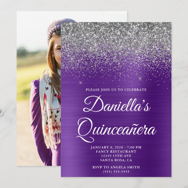 Silver Glitter Royal Purple Photo Quinceañera Invitation (Front/Back)