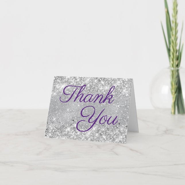 Silver Glitter Royal Purple Thank You Card (Front)