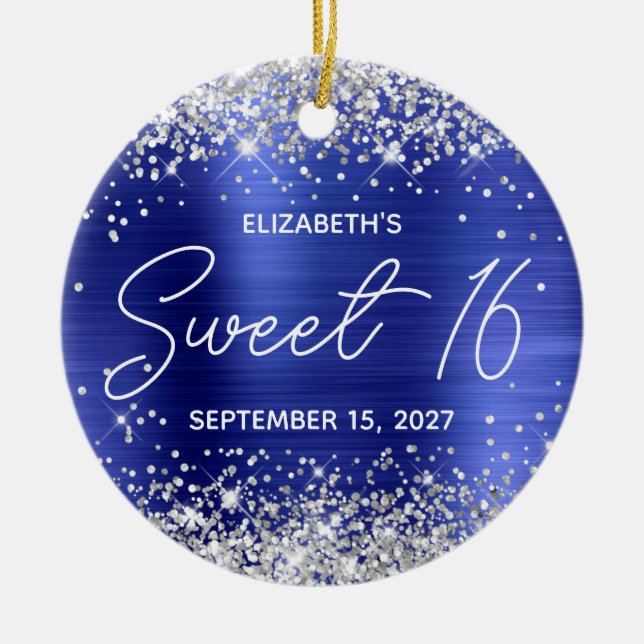 Silver Glitter Sapphire Blue Fancy Sweet 16 Photo Ceramic Ornament (Front)