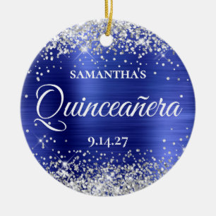 Silver Glitter Sapphire Blue Quinceañera Photo Ceramic Ornament