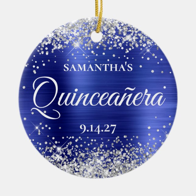 Silver Glitter Sapphire Blue Quinceañera Photo Ceramic Ornament (Front)