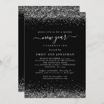 Silver Glitter Script Black New Years Eve Party  Invitation