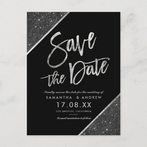 Silver glitter script black save the date announcement postcard