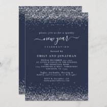 Silver Glitter Script Blue New Years Eve Party Invitation