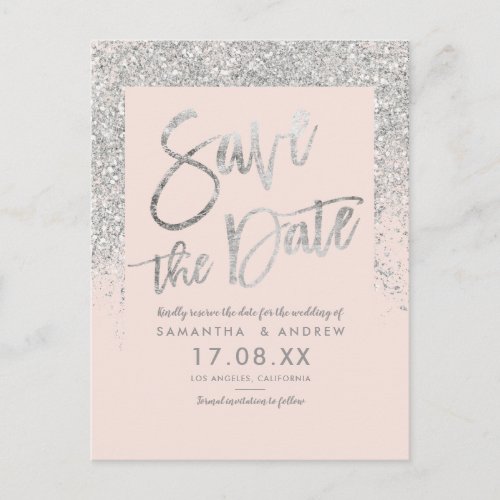 Silver glitter script blush pink save the date announcement postcard