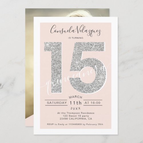 Silver glitter script blush quinceanera photo invitation