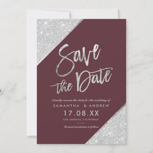 Silver glitter script burgundy save the date