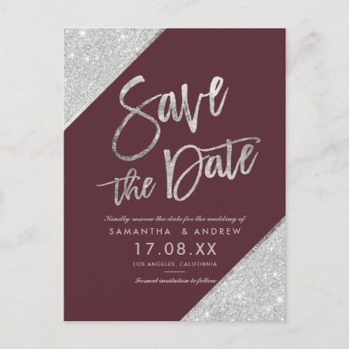 Silver glitter script burgundy save the date announcement postcard