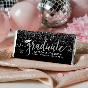 Silver Glitter Script Graduate Black Hershey Bar Favors
