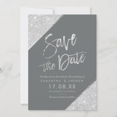 Silver glitter script gray save the date