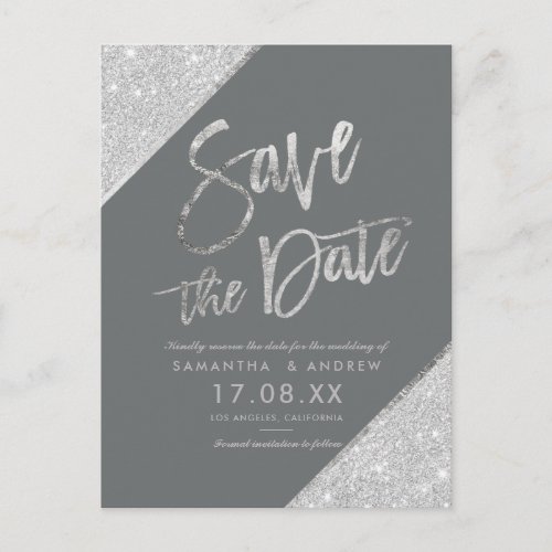 Silver glitter script gray save the date announcement postcard