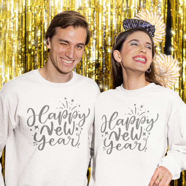 Silver Glitter Script Happy New Year Sweatshirt (Creator Uploaded)