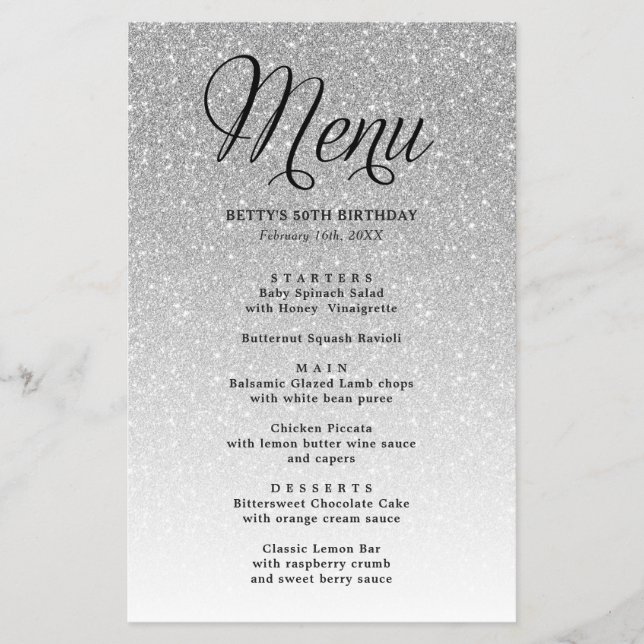 Silver Glitter Script Heading Party Menu Flyer (Front)