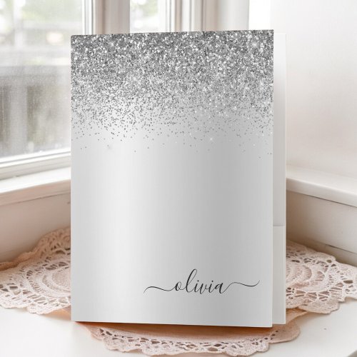 Silver Glitter Script Monogram Girly Pocket Folder